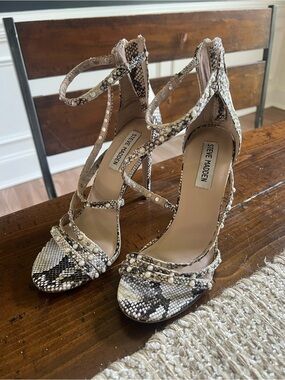 Steve Madden Snake-Print Pearl & Stud Strappy Heels